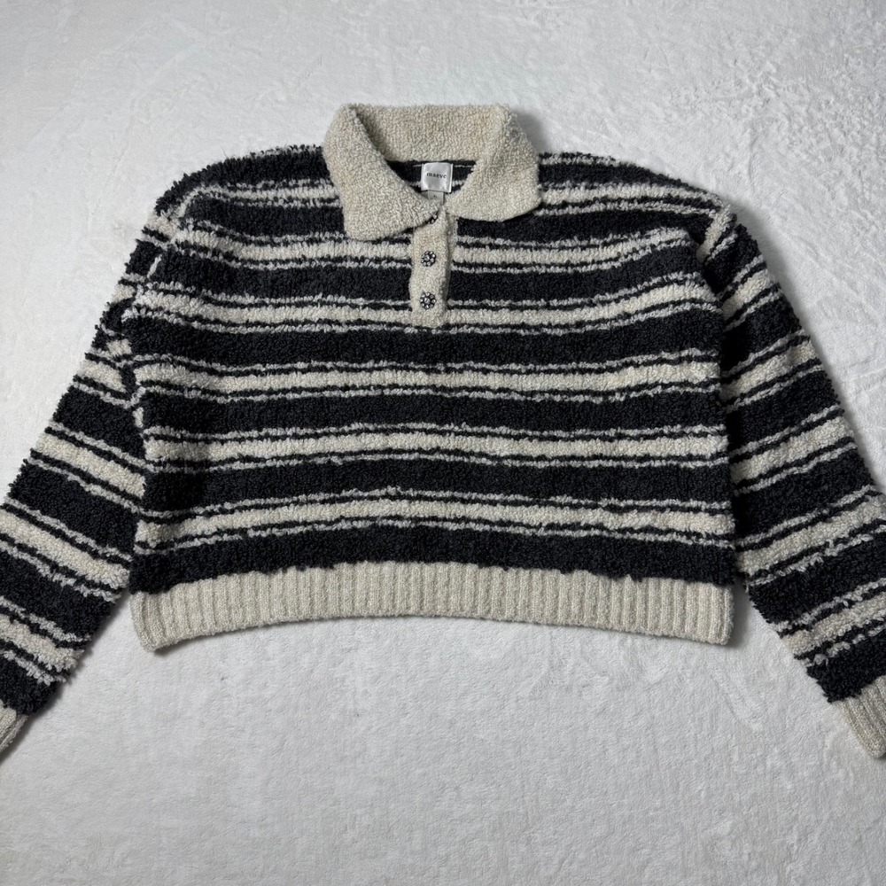 MAEVE ANTHROPOLOGIE Size XL Sweater Striped Polo Chunky Flower Rhinestone Button